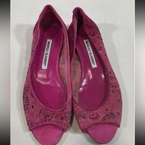 NEW!! Manolo Blahnik Elegant Pink Suede Peep Toe Flats Women's Shoes Size 37
